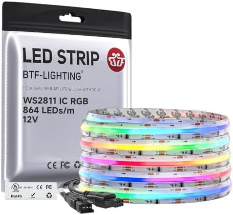 BTF-LIGHTING IP66 RGB WS2811 Smart IC FCOB COB LED Strip, UL Listed 864LEDs/m High Density Color Chasing Uniform Light, DC12V 16.4FT 12mm Width Tape Light for Home DIY Decor(No Adapter or Controller) by BTF-LIGHTING