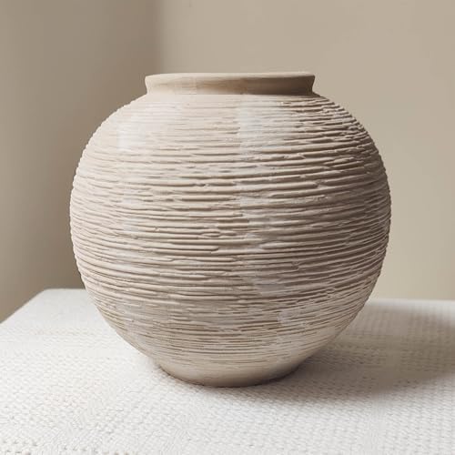 Rustic Ceramic Vintage Farmhouse Vase for Decor (Small Ribbed Whitewash) by RusticFarmhouseVaseforHome