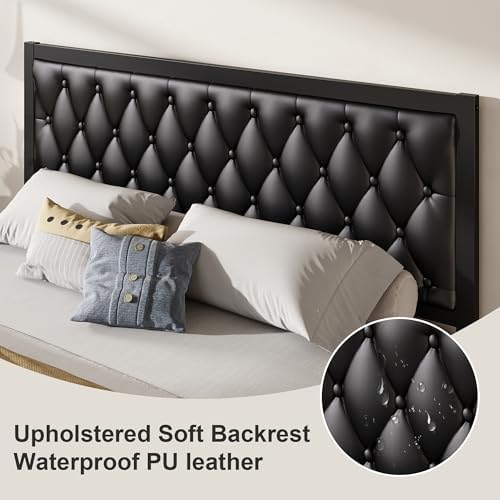 Fluest King Bed Frame with Headboard PU Leather Upholstered Bed Frame Platform,All Metal Slats Support Platform Bed Frame with Storage Space,Easy Assembly,Noise Free,No Box Spring Needed,Black - Image 4