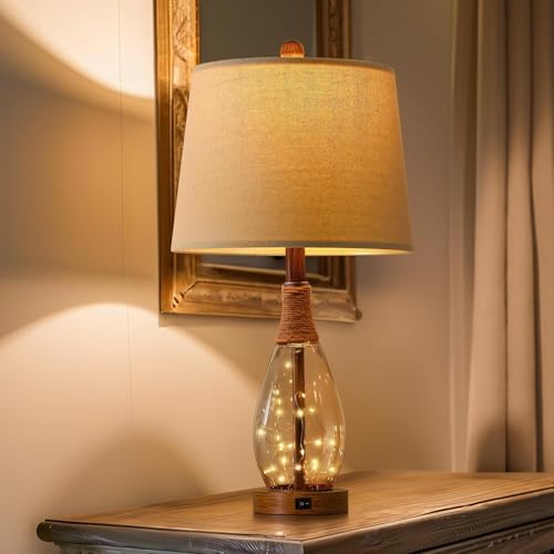 OYEARS 23" USB A+C Table Lamp for Bedroom Living Room Modern Bedside Lamps Retro Farmhouse Rattan Glass Nightstand Nightlight Lamps,Two Light Points - Image 7