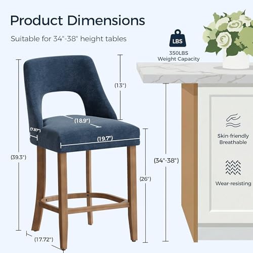 UVV Bar Stools Set of 6, Upholstered Counter Height Bar Stools, Modern Counter Stools with Wood Legs for Kitchen Island Dining Room Bar, Navy Blue - Image 2