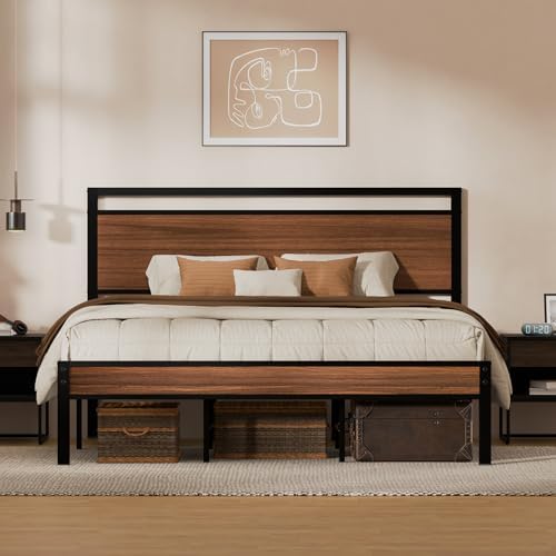 Z-hom King Metal Bed Frame with Wooden Headboard and Footboard, Heavy Duty Platform Frame with Metal Slats, No Box Spring Needed, Quiet and Non-Slip Design, Space Saving Bed Frame for Bedroom,Walnut by Z-HOM