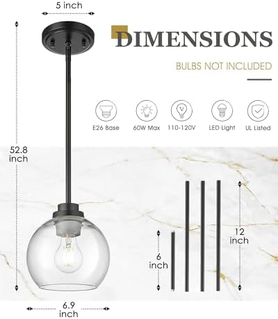 Pendant Lights Kitchen Island, 7" Modern Black Hanging Lights Fixtures with Clear Glass Globe Shade, Kitchen Island Lighting for Bathroom, AD-22280-1P-BK-C - Image 4