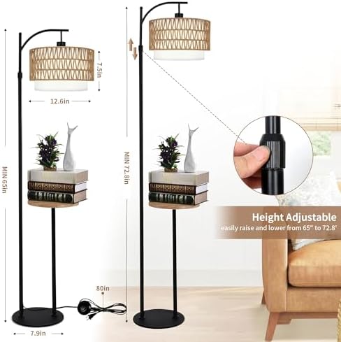 ZECOXOL Arc Floor Lamp with Table and Shelves,Rattan Boho Floor Lamp with Remote Control,Rustic Floor Lamps for Bedroom Wicker Standing Lamp with 3 Color Temperature Tall Lamp for Living Room Corner - Image 6