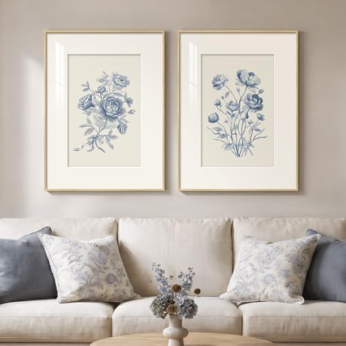 Framed Vintage Blue Floral Botanical Wall Art for Living Room, 2 Piece by Cuspin