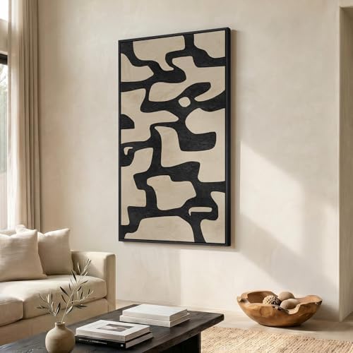 Large Framed Black and Beige Neutral Abstract Wall Art, Vertical 30x60 In - Image 2