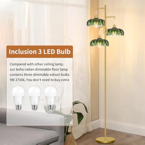 Vintage Floor Lamps for Living Room Bedroom-3 Light Dimmable Gold Floor Lamp with Glass Lampshape, Flower Tall Lamp Modern Mid Century Standing Lamp Green Tree Floor Lamp for Bedroom Corner - Image 5