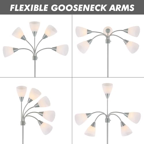 Medusa Modern Decor Floor Lamp, 5 Head Adjustable Gooseneck Lamps for Reading, White Shades Multiple Tall Standing Lamps for Living Room Bedroom Office Kids Classroom, Silver, Bulbs Included - Image 4