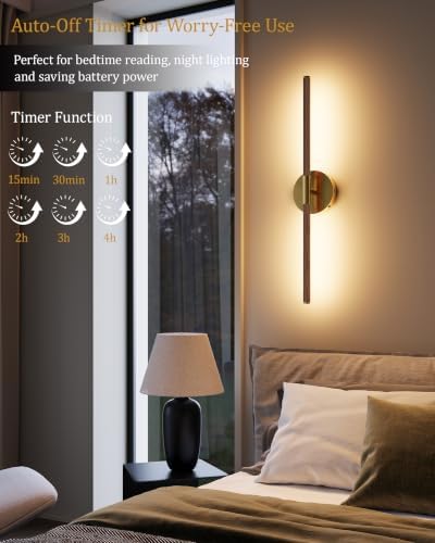 40" Battery Operated Wall Sconce Set of 2, 350° Rotating Lamp, Walnut Gold - Image 5