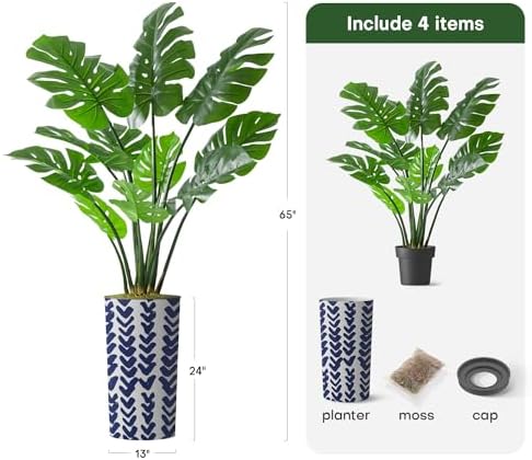 Artificial Tree in Modern Pattern Planter, Fake Monstera Silk Tree for Indoor and Outdoor Home Decoration - 65" Overall Tall (Plant Pot Plus Tree) - Image 3
