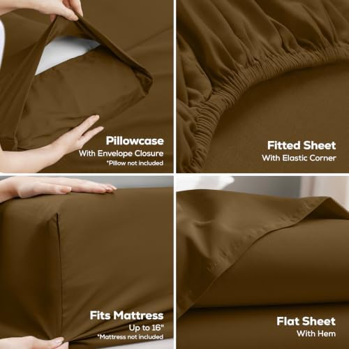 Queen Sheets Set, 4 Pieces 16" Deep Pocket Hotel Luxury Bed Sheets, Mocha - Image 3