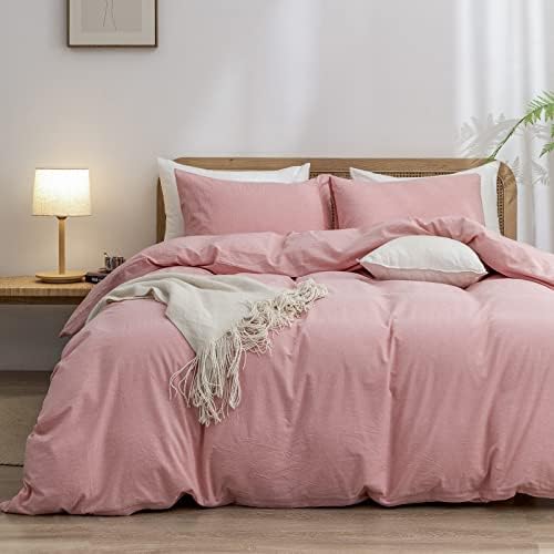 BESTOUCH Cotton Solid Duvet Cover Set Linen Feel Red Pink Full by BESTOUCH
