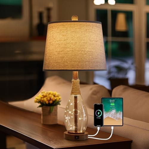 OYEARS 23" USB A+C Table Lamp for Bedroom Living Room Modern Bedside Lamps Retro Farmhouse Rattan Glass Nightstand Nightlight Lamps,Two Light Points by OYEARS