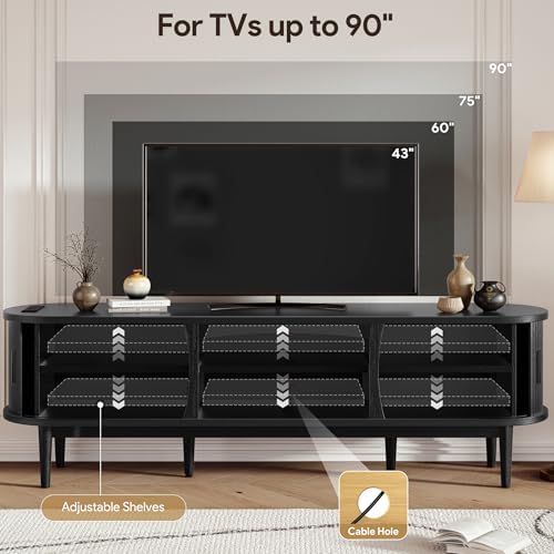 Decofy Mid Century TV Stand for TVs up to 90 Inches, Entertainment Center with Storage, Power Outlet, Fluted Sliding Doors & Adjustable Shelves, Modern Media TV Console Table for Living Room (Black) - Image 3
