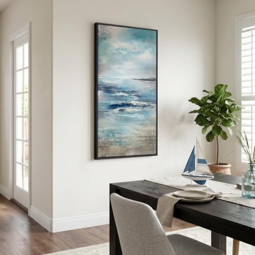 Framed Abstract Coastal Ocean Wall Art, Blue Vertical Art Print, 20x40 Inch - Image 2