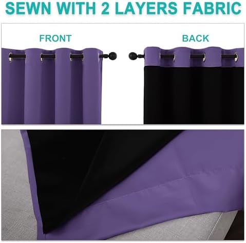 NICETOWN 100% Blackout Short Curtains with Black Liners, 2 Panels, 37"W by 40"L, Lilac Purple, Solid Thermal Insulated Full Blackout 2-Layer Lined Drapes, Energy Efficiency Window Drapes for Bedroom - Image 5