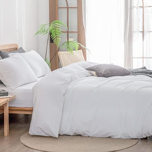 BESTOUCH Cotton Solid Duvet Cover Set Linen Feel Bright White Super Queen - Image 3