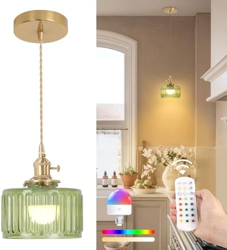 Shenmoyl Battery Operated Pendant Light 5000mAh Rechargeable Chandelier with Remote Control Wireless Adjustable Hanging Green Striped Light for Kitchen Island Dining Room Hallway by Shenmoyl