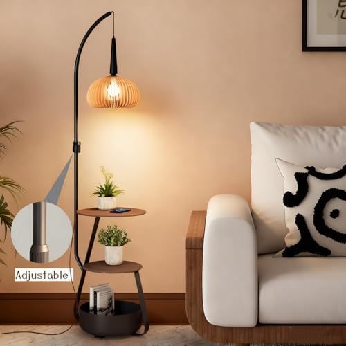 Bofea-Modern Arc Floor Lamp with Table & Shelves,Vintage Floor Lamps for Living Room,Mid Century Tall Standing Lamp with Walnut Shade,Adjustment Height Corner Lights for Bedroom Study Office - Image 2