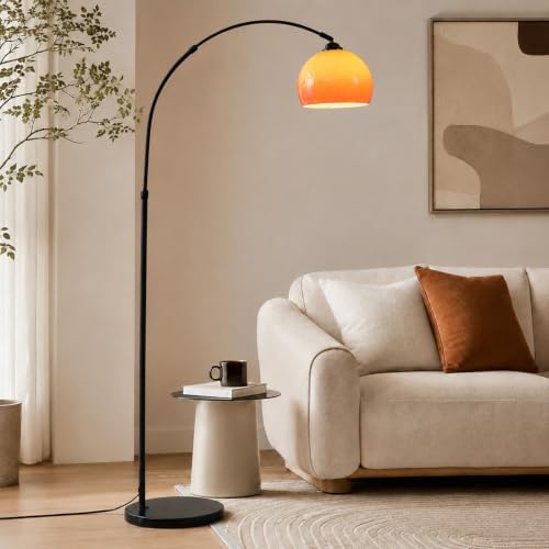 Black Arc Floor Lamp for Living Room,Orange Glass Lampshade,MCM Style - Image 3