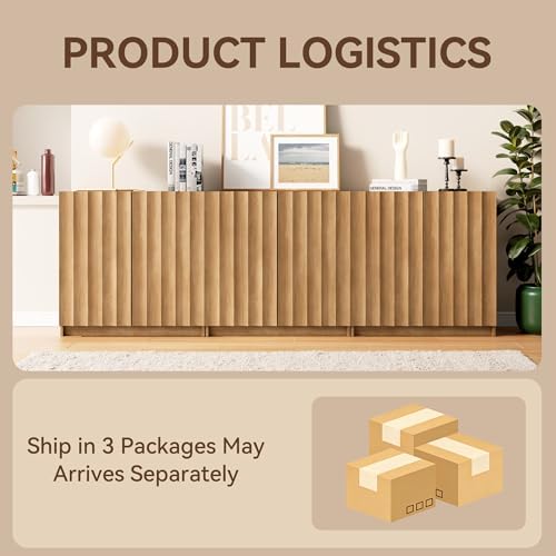 Modern Buffet Cabinet with Storage, 94.5" Wide Fluted Arched Sideboard Cabinet with Adjustable Shelves, Wooden Modular Coffee Bar for Dining Room, Kitchen, Living Room, Entryway, Natural - Image 6