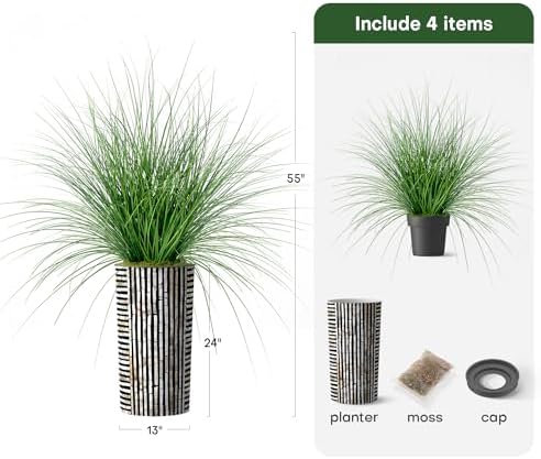 Artificial Tree in Black and Brown Striped Planter, Fake Onion Grass Silk Tree for Indoor and Outdoor Home Decoration - 55" Overall Tall (Plant Pot Plus Tree) - Image 3