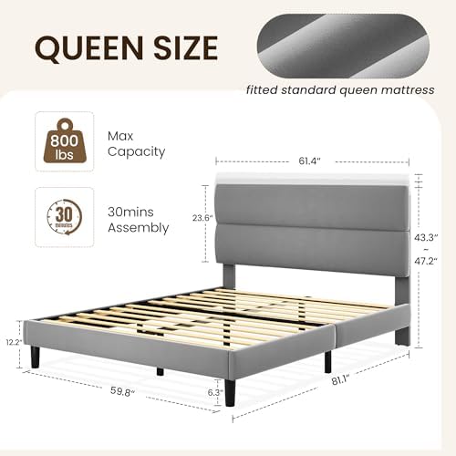 GRUSIGN Queen Size Platform Bed Frame with Velvet Headboard, Adjustable Height Wooden Slats Support, Upholstered Mattress Foundation, Fits Mattress or Mattress with Box Spring, Easy Assembly, Grey - Image 2