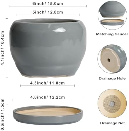 SQOWL 6 Inch Plant Pots - Ceramic Planter with Drainage Hole and Saucer, Round Ceramic Flower Pot Indoor Outdoor, Modern Succulent Planter, Bathroom Decor, Gifts for Plant Lovers, Grey - Image 3