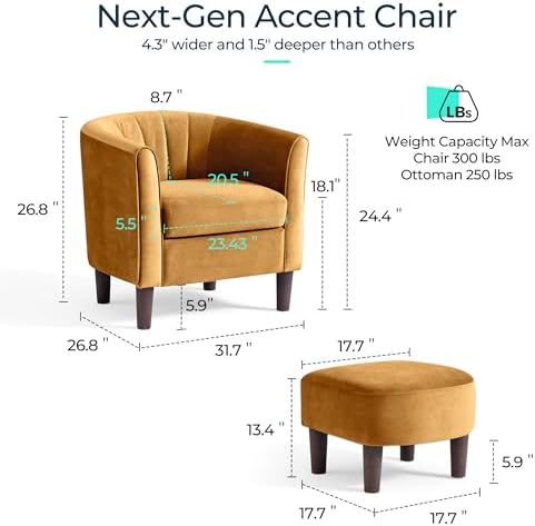 LINSY Accent Chair with Ottoman, Modern Armchair Comfy Barrel Reading Chair with Footrest for Living Room Bedroom Reading Room, Velvet, Yellow - Image 5