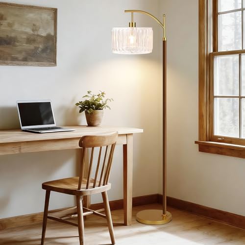 ILLMTW Arc Floor Lamp for Living Room,Bedroom,Glass Mid Century Modern Standing Lamp with Remote Dimmable,Wood Vintage Gold Tall Lamp White Lamp Shade Floor Lights Boho Bohemian Tiffany Style - Image 6