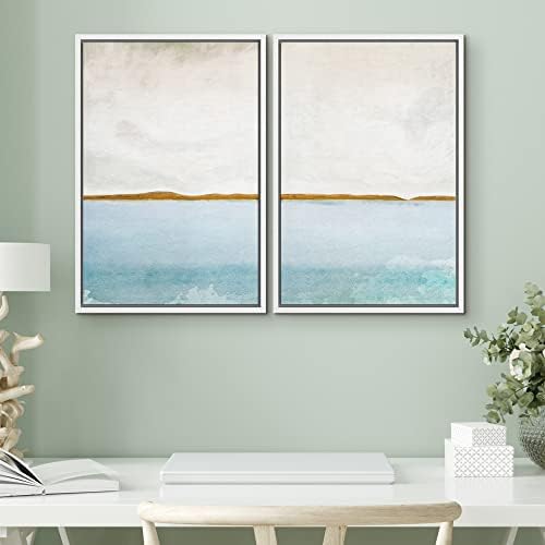 SIGNWIN Framed Canvas Print Wall Art Set Gold Blue Ocean Sea Beach Landscape Nature Wilderness Illustrations Modern Art Decorative Rustic Chic for Living Room, Bedroom, Office - 24"" x36 x2 White - Image 2