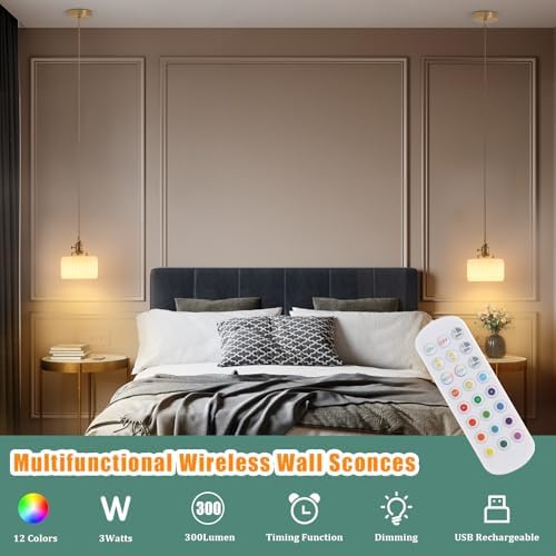 Shenmoyl Battery Operated Pendant Light 5000mAh Rechargeable Chandelier with Remote Control Wireless Adjustable Hanging White Striped Light for Kitchen Island Dining Room Hallway, 2 Pack - Image 3