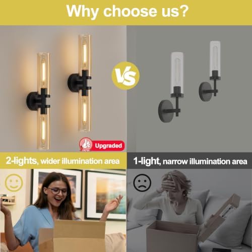 Indoi Wall Sconces Set of Two, Hardwired Matte Black Bathroom Sconces Wall Lights with Amber Glass, Modern Sconces Wall Decor Set of 2 Vanity Light fixtures for Bathroom Mirror Bedroom - Image 7
