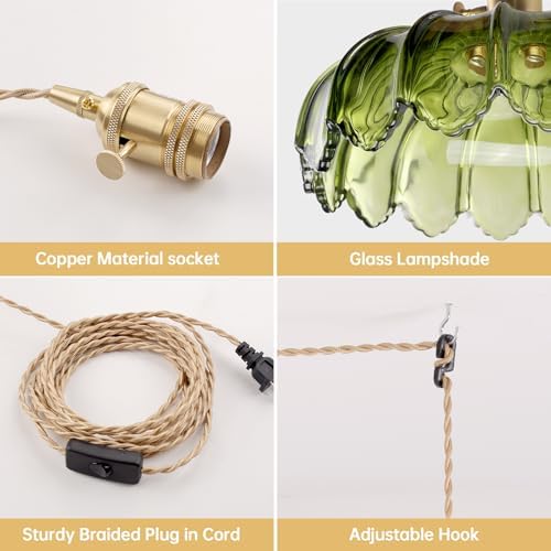 Shenmoyl Plug in Pendant Light Hanging Light Fixtures with Plugin Cord On/Off Switch,Green Scindapsus Glass Lampshade Brass Pendant Light - Image 5