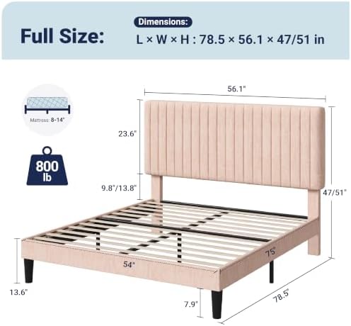 Allewie Full Bed Frame, Upholstered Platform Bed with Adjustable Vertical Channel Tufted Headboard, Mattress Foundation with Strong Wooden Slats, Box Spring Optional, Easy Assembly, Chenille Pink - Image 2