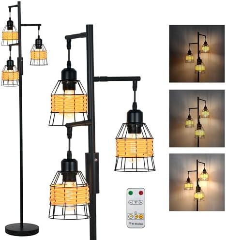 Rattan Boho Rechargeable Cordless Floor Lamp with Remote Dimmable 3 Bulb Edison E26 Brown Warm Light Vintage Standing Lamp for Bedroom,Outdoor,Living Room Rustic,Patio,Farmhouse,60.6" Black by TIGKHAELights