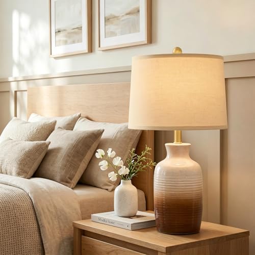 PoKat 24'' Farmhouse Handcrafted Table Lamp for Living Room, Rustic Ceramic Bedroom Lamps for Night Stands, Bedside Lamps with Soft Ombre Finish for Entryway Sideboard End Table (Beige and Brown) - Image 4