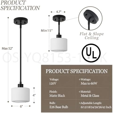 Milk Glass Pendant Lights Kitchen Island, 1-Light Modern Black Hanging Light Fixtures with Rods, Mini Kitchen Pendant Lighting Over Island for Sink Bathroom, OS-YQ8153-1PBK - Image 3