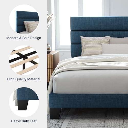 Allewie Full Size Platform Bed Frame with Fabric Upholstered Headboard Blue - Image 6