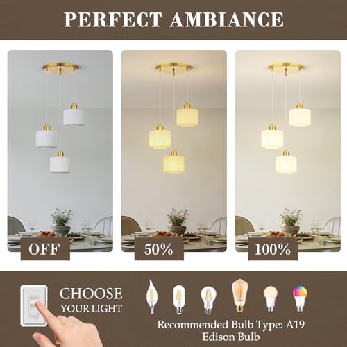 Brushed Gold Dining Room Chandelier Light Fixture, 3-Light Pendant Lighting with Milk Glass, Modern Kitchen Island Cluster Hanging Pendant Lights for Kitchen Dining Room, OS-YQ8153-3BGW - Image 6