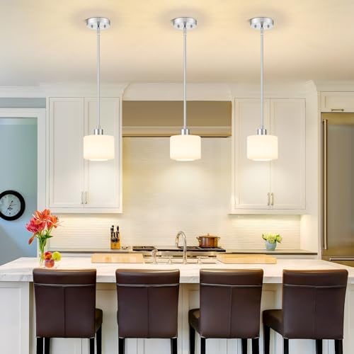 Brushed Nickel Pendant Lights Kitchen Island, 1-Light Modern Milk Glass Hanging Light Fixtures with Rods, Mini Kitchen Pendant Lighting Over Island for Sink Bathroom, OS-YQ8153-1PBN - Image 4