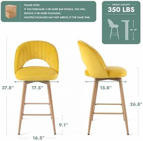 Swivel Bar Stools Set of 3, Counter Height Barstools for Kitchen Island, 26" Seat Height Bar Chairs for Dining Room, Velvet Upholstered Bar Stool with Back and Footrest, Yellow - Image 2