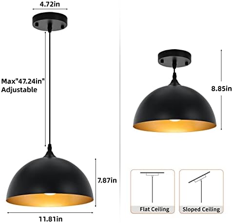 Farmhouse Pendant Lighting for Kitchen Island,Black and Gold Dome Pendant Light Fixtures, Industrial Hanging Ceiling Light for Dining Room Foyer Cafe Kitchen Sink,2 Pack - Image 6