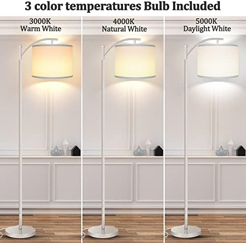 Floor Lamp for Living Room with 3 Color Temperatures LED Bulb, Standing Lamp Tall Industrial Floor Lamp Reading for Bedroom, Office (9W LED Bulb, White Lampshade Included) -Silver - Image 2