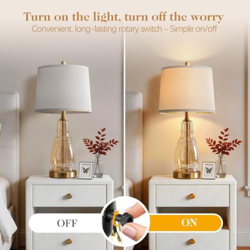 ROTTOGOON Glass Table Lamp Set of 2, Modern Table Lamps for Living Room Bedroom, Bedside Desk Lamps Vintage Nightstand Lamps with Linen Shades, 22", Champagne - Image 4