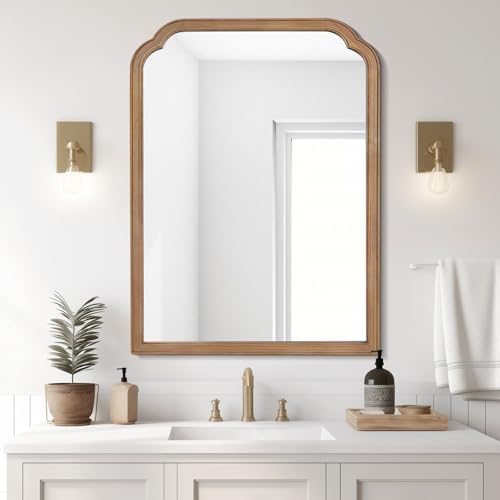 WallBeyond 28" x 40" Wood Bathroom Mirror for Wall Mounted, Rustic Rounded Corner Vanity Mirror for Entryway, Living Room or Bedroom Home Decorative [28" x 40" Honey-Colored] by WallBeyond
