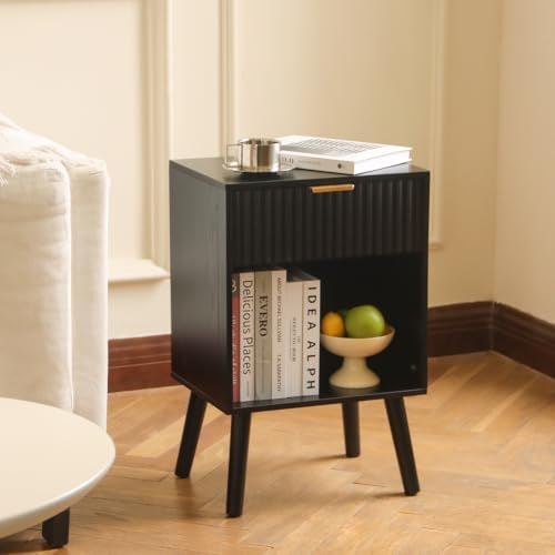 Fultyle Black Fluted Nightstand, Modern Bedside Table with Drawer and Shelf - Image 2