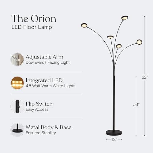 Brightech Orion Arc Floor Lamp for Living Room, Dimmable Tree Floor Lamp with 5 Adjustable Arms, Multi-Head Standing Lamp with Flexible Rotating LEDs for Bedroom - Bright Hanging Lighting - Black - Image 4