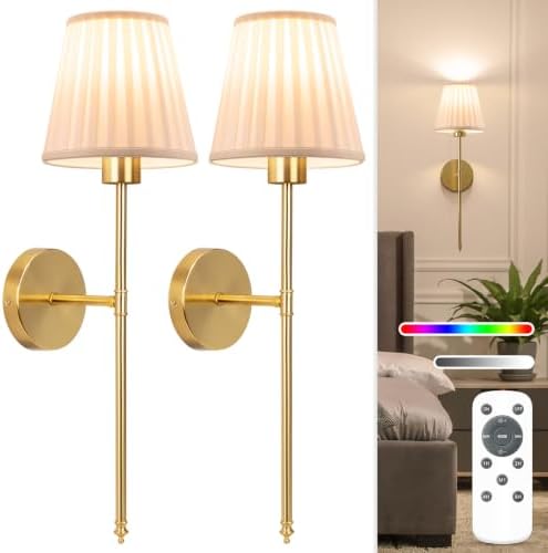 NIORSUN Battery Operated Wall Sconce Set of 2,Beige-Gold Rechargeable Wall Lights with 10400mAh Dimmable Bulbs and Remote, 9 Colors Wireless Wall Lamps for Bedroom Living Room Hallway by NIORSUN