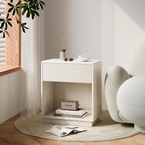 Fluted Nightstands Set of 2, Modern Bedside Table with Drawer and Storage Shelf, Wood End Table Mid Century Night Stands for Bedroom Living Room Sofa Couch Office (White) - Image 6